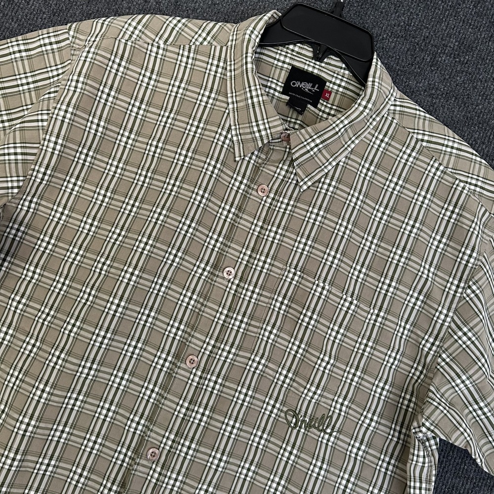 O'Neill Mens XL Shirt Olive Green Plaid Check Button Down Short Sleeve Preppy